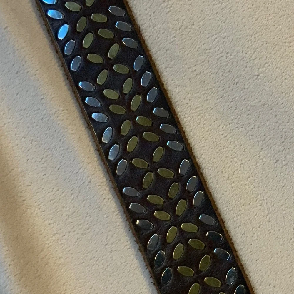 Brown Leather Studded Floral-Pattern Belt with Gold Buckle